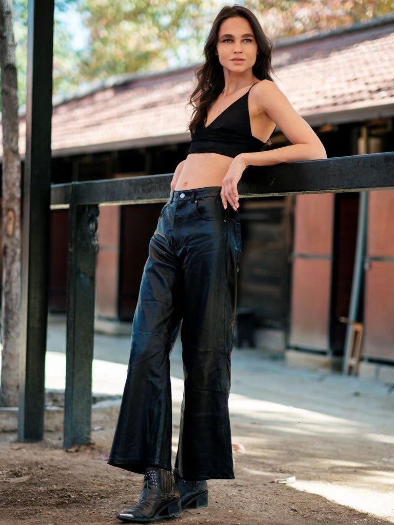 wide leg pantalon cuero ancho mujer
