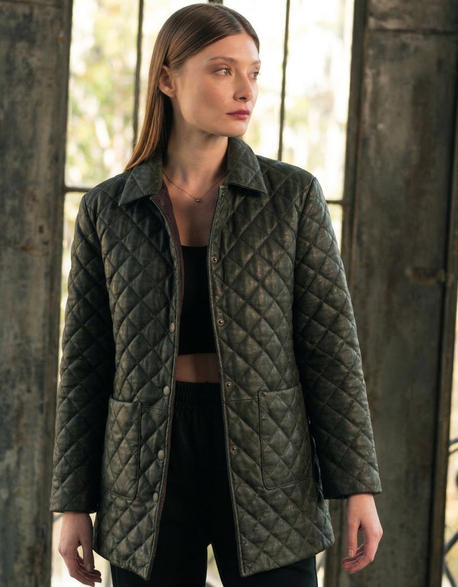 Abrigo de cuero Quilted Mimosa Color Verde - Bor spa