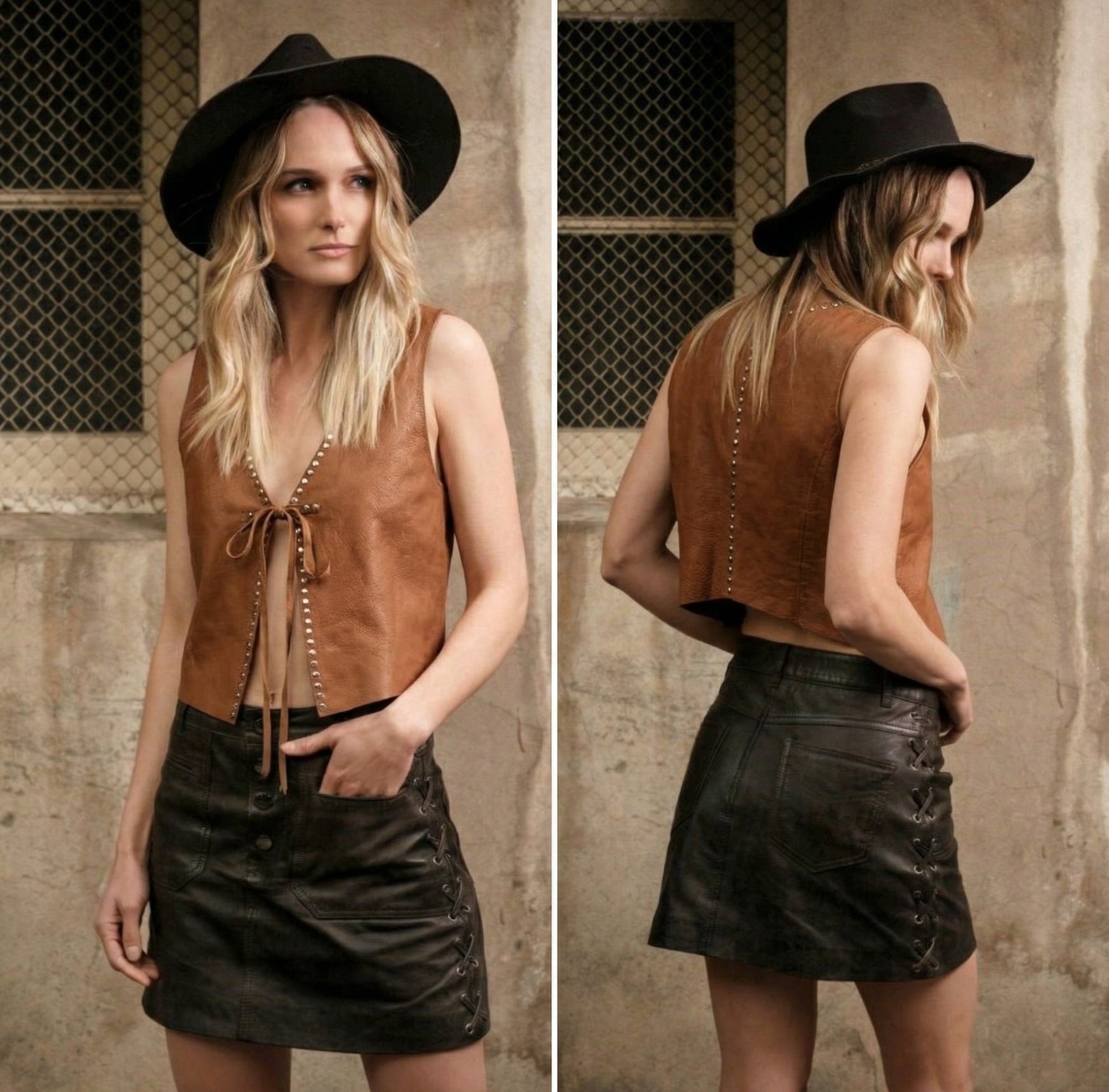 Bolero de Cuero West con Tachas - Color Camel - Bor spa