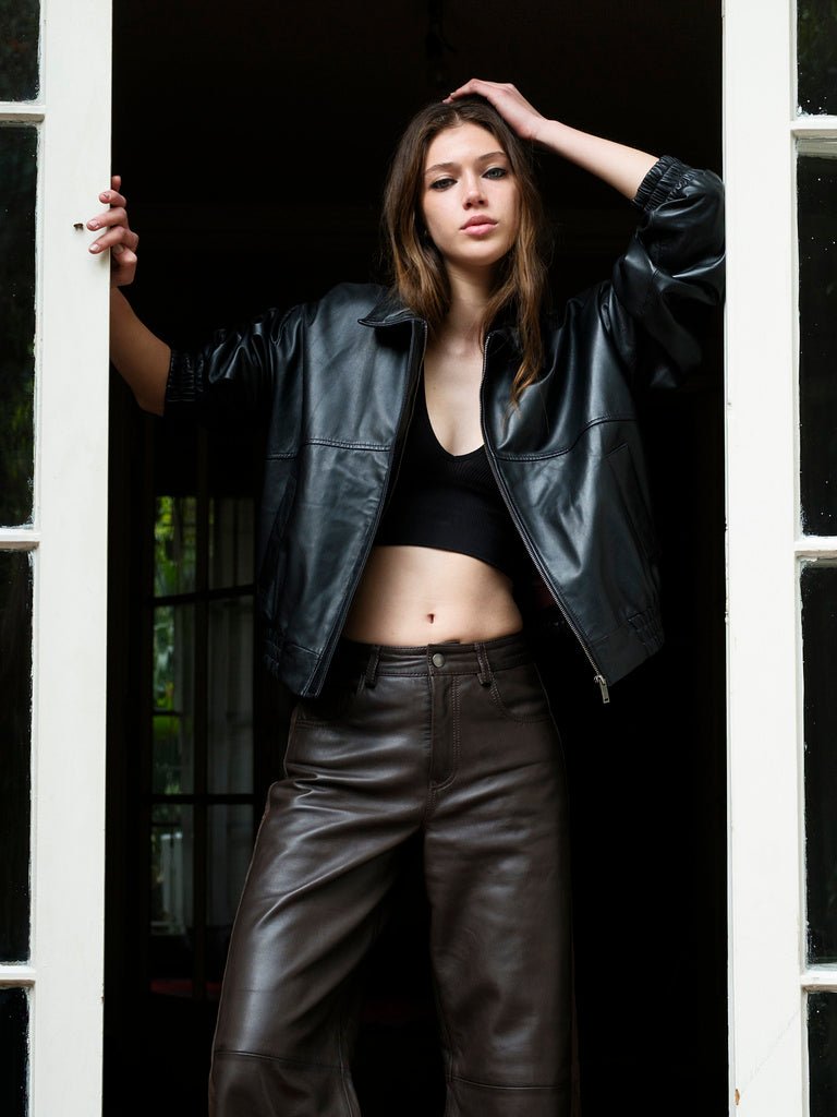 Chaqueta Cuero Bomber Color Negro - Bor spa